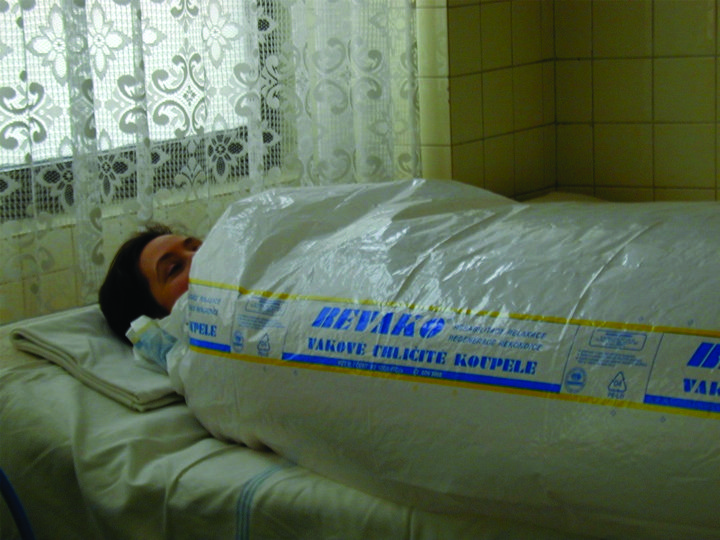 The author receiving a dry carbon dioxide bath in a balneotherapy hospital in Slovakia.