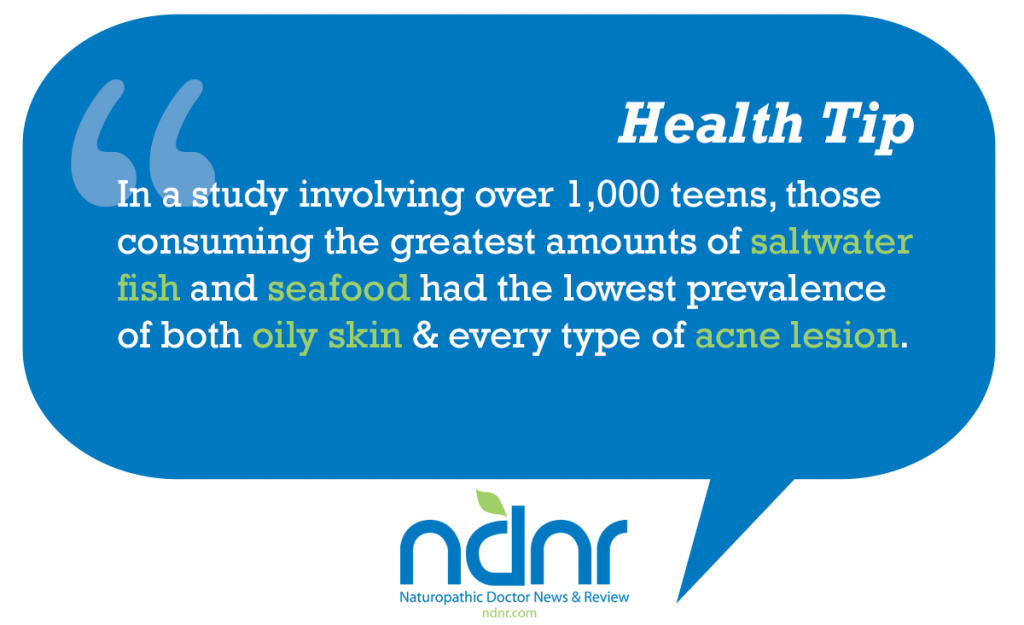 In a study involving over 1000 teens those consuming the greatest amounts of saltwater fish and seafood had the lowest prevalence of both oily skin & every type of acne lesion