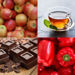 apples, tea, dark chocolate, and red peppers in collage