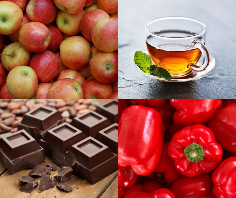 apples, tea, dark chocolate, and red peppers in collage